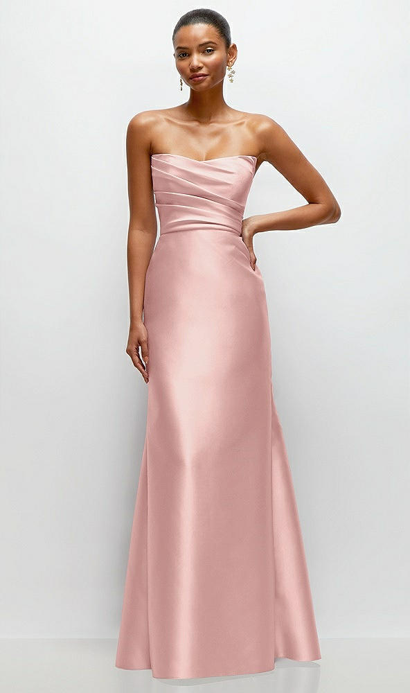 Front View - Rose - PANTONE Rose Quartz Strapless Cat-Eye Draped Bodice Satin Tumpet Dress