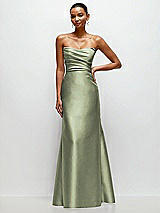 Front View Thumbnail - Sage Strapless Cat-Eye Draped Bodice Satin Tumpet Dress