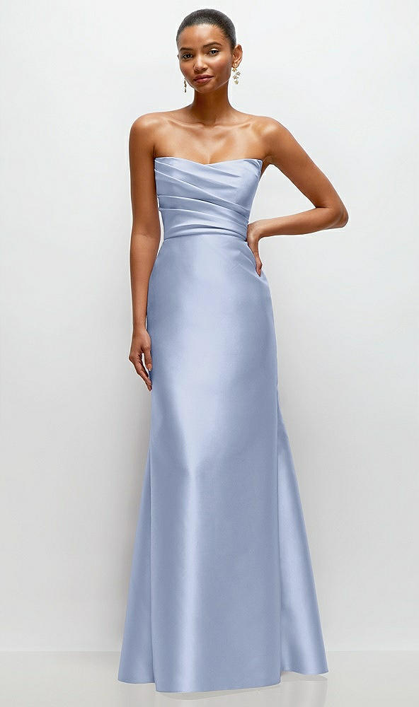 Front View - Sky Blue Strapless Cat-Eye Draped Bodice Satin Tumpet Dress