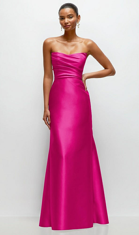 Front View - Think Pink Strapless Cat-Eye Draped Bodice Satin Tumpet Dress