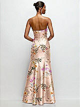 Rear View Thumbnail - Butterfly Botanica Pink Sand Strapless Cat-Eye Draped Bodice Floral Satin Tumpet Dress