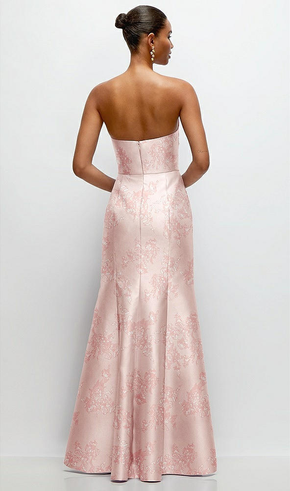 Back View - Bow And Blossom Print Strapless Cat-Eye Draped Bodice Floral Satin Tumpet Dress