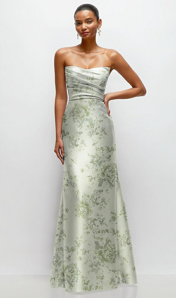 Front View - Cottage Rose Sage Strapless Cat-Eye Draped Bodice Floral Satin Tumpet Dress