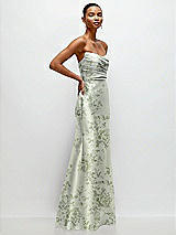 Side View Thumbnail - Cottage Rose Sage Strapless Cat-Eye Draped Bodice Floral Satin Tumpet Dress