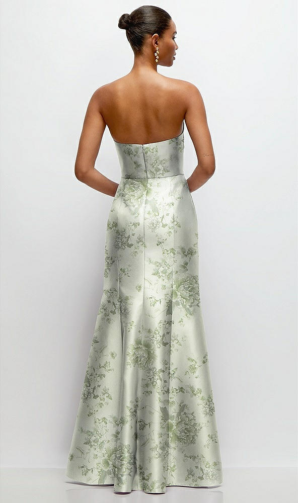 Back View - Cottage Rose Sage Strapless Cat-Eye Draped Bodice Floral Satin Tumpet Dress