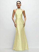 Front View Thumbnail - Butter Yellow High-Neck Halter Open-Back Satin Trumpet Dress 