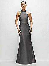 Front View Thumbnail - Caviar Gray High-Neck Halter Open-Back Satin Trumpet Dress 