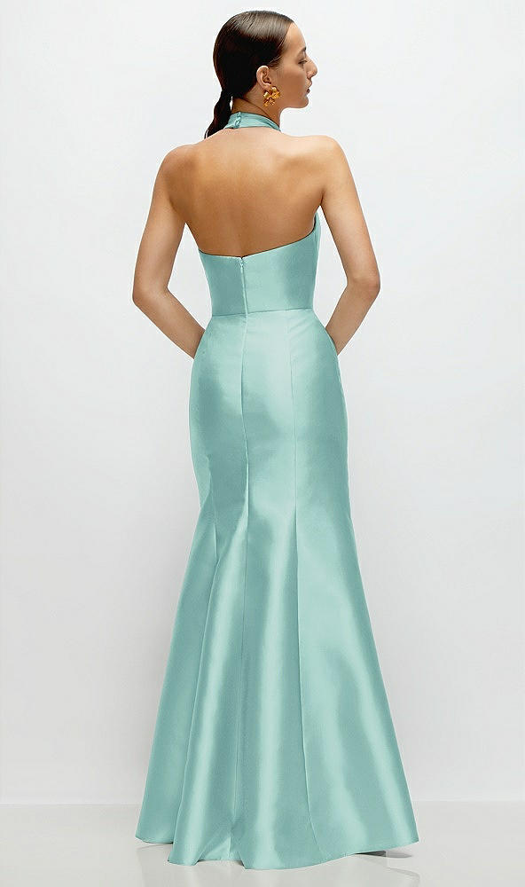 Back View - Coastal High-Neck Halter Open-Back Satin Trumpet Dress 