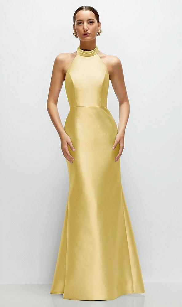 Front View - Maize High-Neck Halter Open-Back Satin Trumpet Dress 