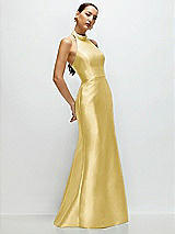 Side View Thumbnail - Maize High-Neck Halter Open-Back Satin Trumpet Dress 