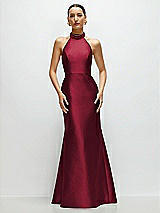 Front View Thumbnail - Burgundy High-Neck Halter Open-Back Satin Trumpet Dress 