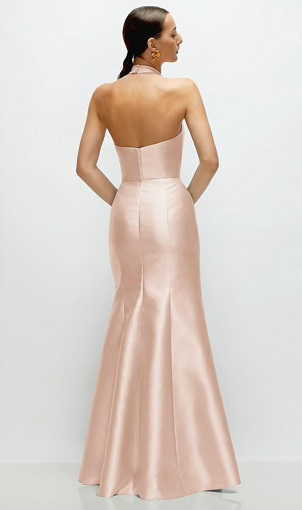 Back View - Cameo High-Neck Halter Open-Back Satin Trumpet Dress 