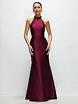 Front View Thumbnail - Cabernet High-Neck Halter Open-Back Satin Trumpet Dress 