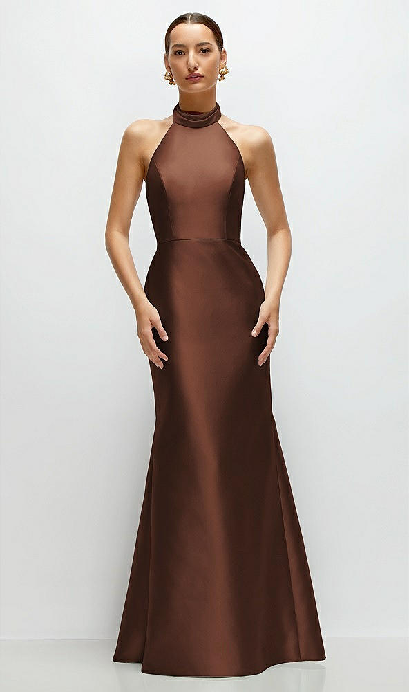 Front View - Cognac High-Neck Halter Open-Back Satin Trumpet Dress 