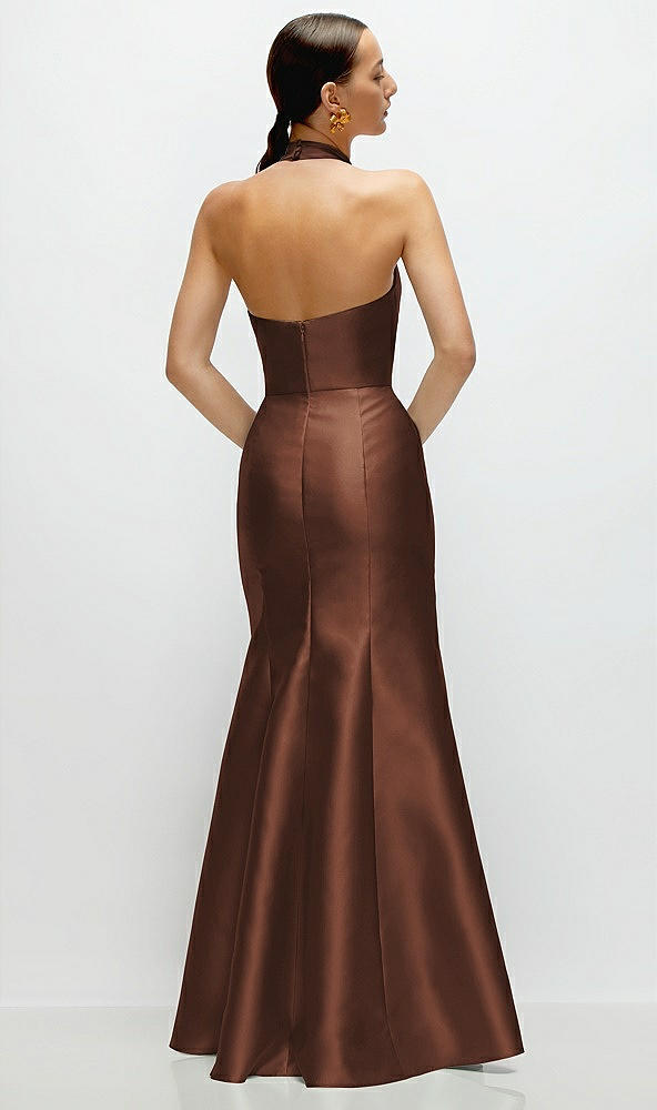 Back View - Cognac High-Neck Halter Open-Back Satin Trumpet Dress 