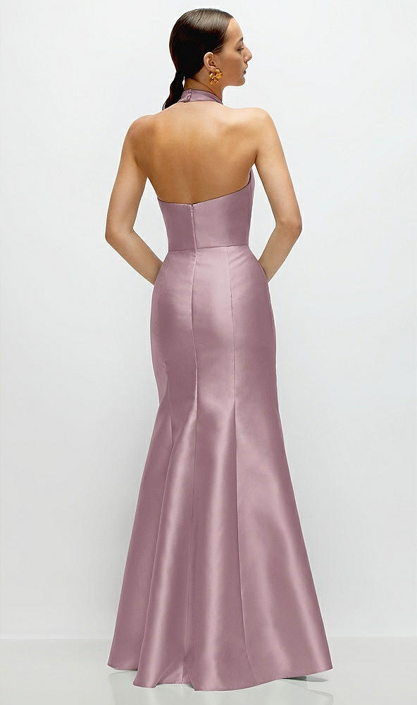 Back View - Dusty Rose High-Neck Halter Open-Back Satin Trumpet Dress 