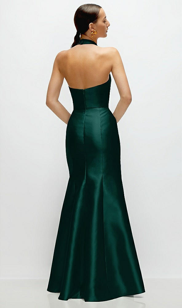 Back View - Evergreen High-Neck Halter Open-Back Satin Trumpet Dress 