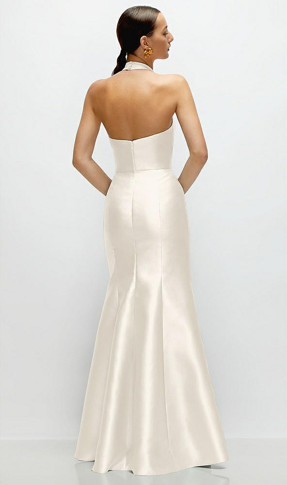 Back View - Ivory High-Neck Halter Open-Back Satin Trumpet Dress 