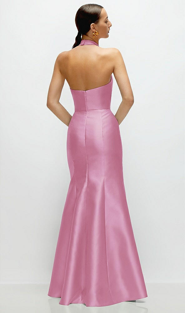 Back View - Powder Pink High-Neck Halter Open-Back Satin Trumpet Dress 