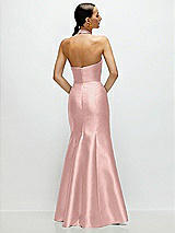 Rear View Thumbnail - Rose - PANTONE Rose Quartz High-Neck Halter Open-Back Satin Trumpet Dress 