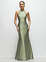 Front View Thumbnail - Sage High-Neck Halter Open-Back Satin Trumpet Dress 