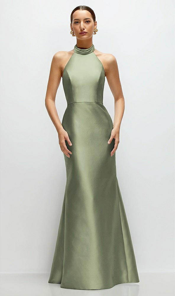 Front View - Sage High-Neck Halter Open-Back Satin Trumpet Dress 