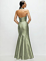 Rear View Thumbnail - Sage High-Neck Halter Open-Back Satin Trumpet Dress 