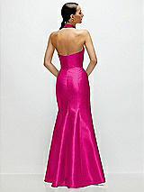 Rear View Thumbnail - Think Pink High-Neck Halter Open-Back Satin Trumpet Dress 