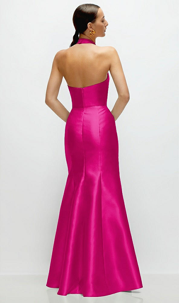 Back View - Think Pink High-Neck Halter Open-Back Satin Trumpet Dress 