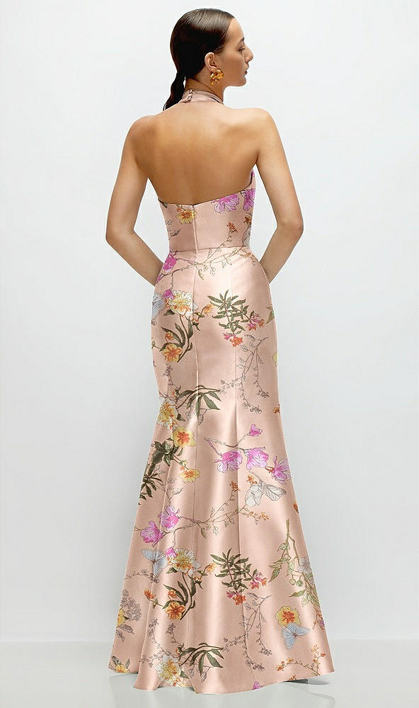 Back View - Butterfly Botanica Pink Sand High-Neck Halter Open-Back Floral Satin Trumpet Dress 