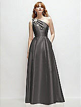 Front View Thumbnail - Caviar Gray One-Shoulder Full A-Line Satin Gown with Handworked Floral Appliqué