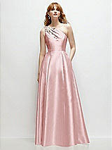 Front View Thumbnail - Ballet Pink One-Shoulder Full A-Line Satin Gown with Handworked Floral Appliqué