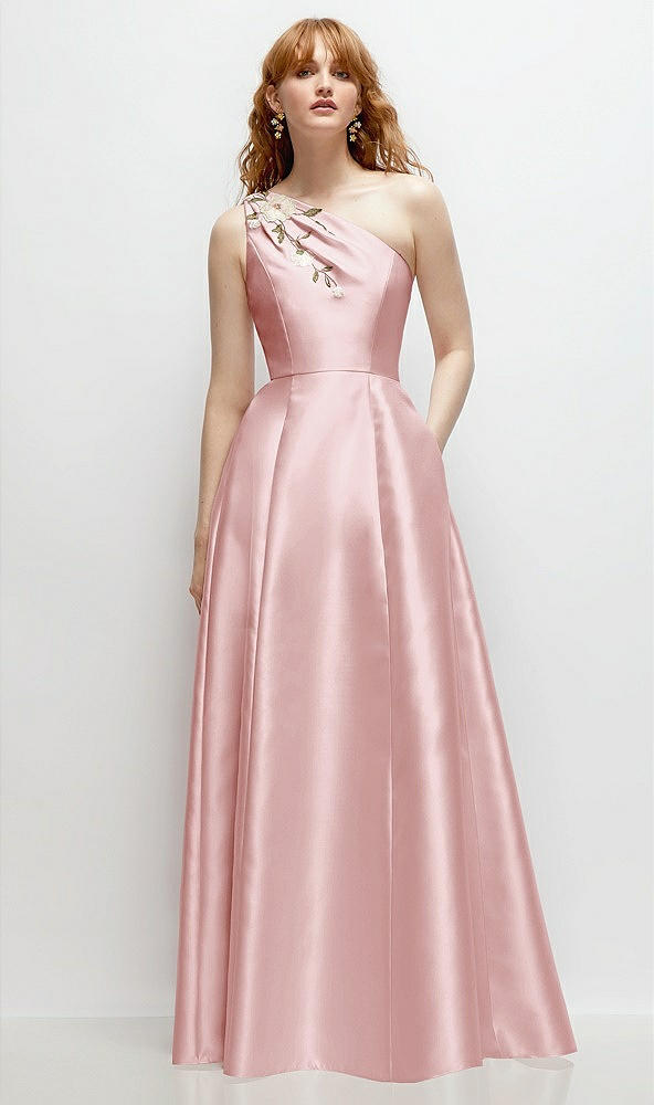 Front View - Ballet Pink One-Shoulder Full A-Line Satin Gown with Handworked Floral Appliqué