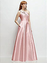 Side View Thumbnail - Ballet Pink One-Shoulder Full A-Line Satin Gown with Handworked Floral Appliqué