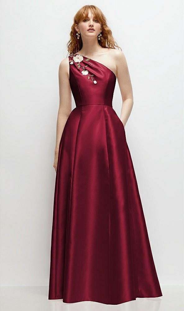 Front View - Burgundy One-Shoulder Full A-Line Satin Gown with Handworked Floral Appliqué