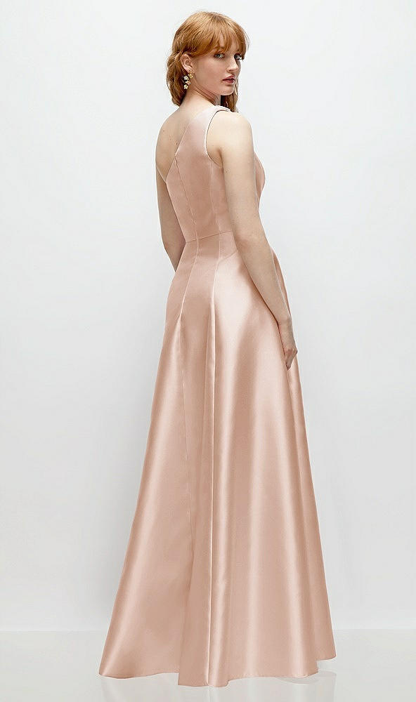 Back View - Cameo One-Shoulder Full A-Line Satin Gown with Handworked Floral Appliqué