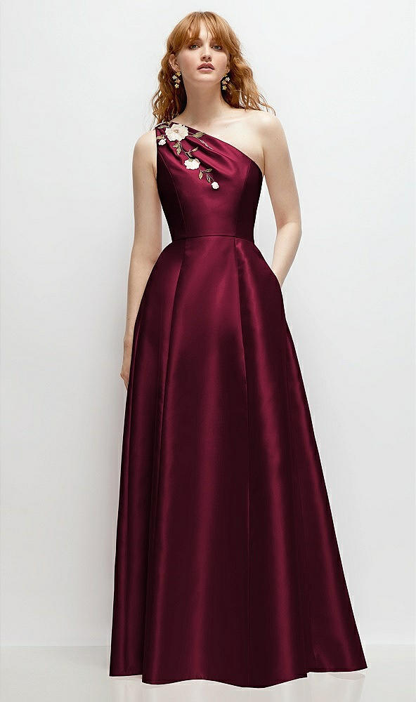 Front View - Cabernet One-Shoulder Full A-Line Satin Gown with Handworked Floral Appliqué