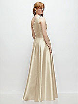 Rear View Thumbnail - Champagne One-Shoulder Full A-Line Satin Gown with Handworked Floral Appliqué