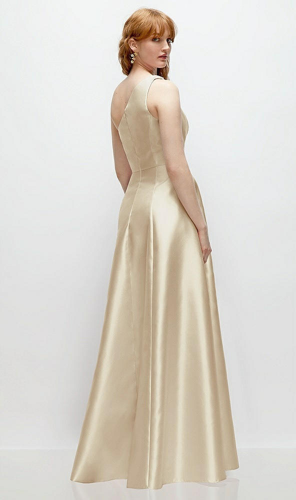 Back View - Champagne One-Shoulder Full A-Line Satin Gown with Handworked Floral Appliqué