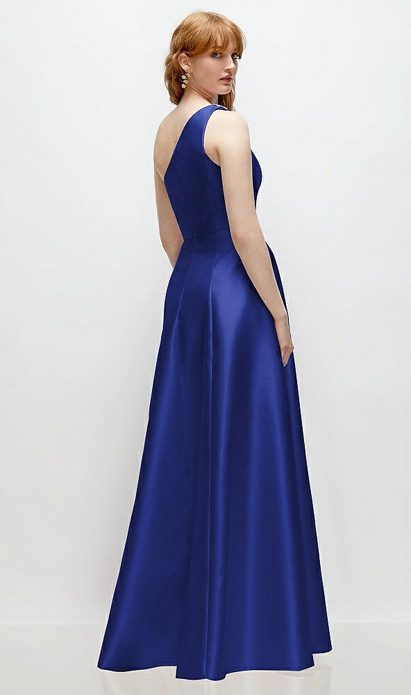 Back View - Cobalt Blue One-Shoulder Full A-Line Satin Gown with Handworked Floral Appliqué