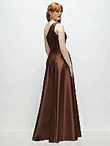 Rear View Thumbnail - Cognac One-Shoulder Full A-Line Satin Gown with Handworked Floral Appliqué