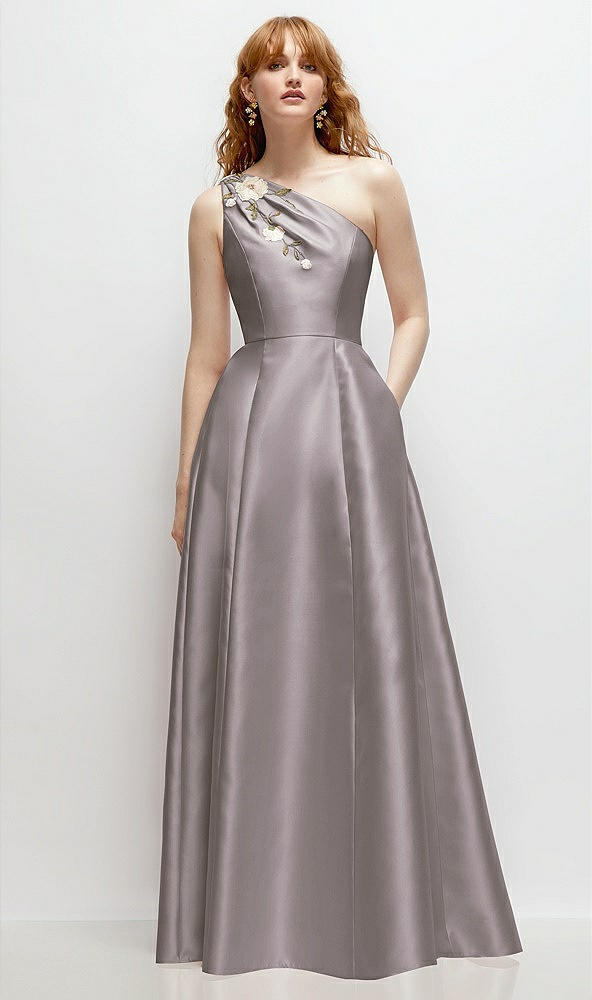 Front View - Cashmere Gray One-Shoulder Full A-Line Satin Gown with Handworked Floral Appliqué