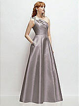 Side View Thumbnail - Cashmere Gray One-Shoulder Full A-Line Satin Gown with Handworked Floral Appliqué