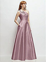 Side View Thumbnail - Dusty Rose One-Shoulder Full A-Line Satin Gown with Handworked Floral Appliqué