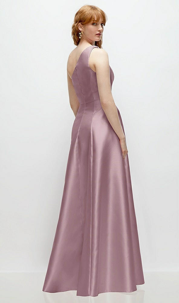 Back View - Dusty Rose One-Shoulder Full A-Line Satin Gown with Handworked Floral Appliqué