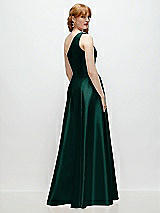 Rear View Thumbnail - Evergreen One-Shoulder Full A-Line Satin Gown with Handworked Floral Appliqué