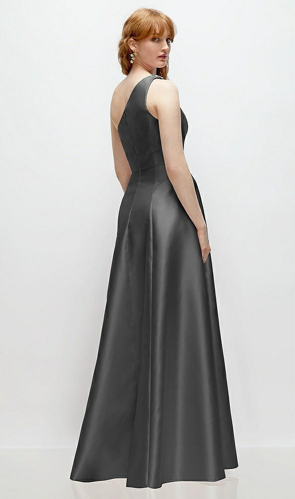 Back View - Gunmetal One-Shoulder Full A-Line Satin Gown with Handworked Floral Appliqué