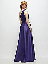 Rear View Thumbnail - Grape One-Shoulder Full A-Line Satin Gown with Handworked Floral Appliqué