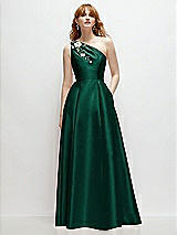 Front View Thumbnail - Hunter Green One-Shoulder Full A-Line Satin Gown with Handworked Floral Appliqué