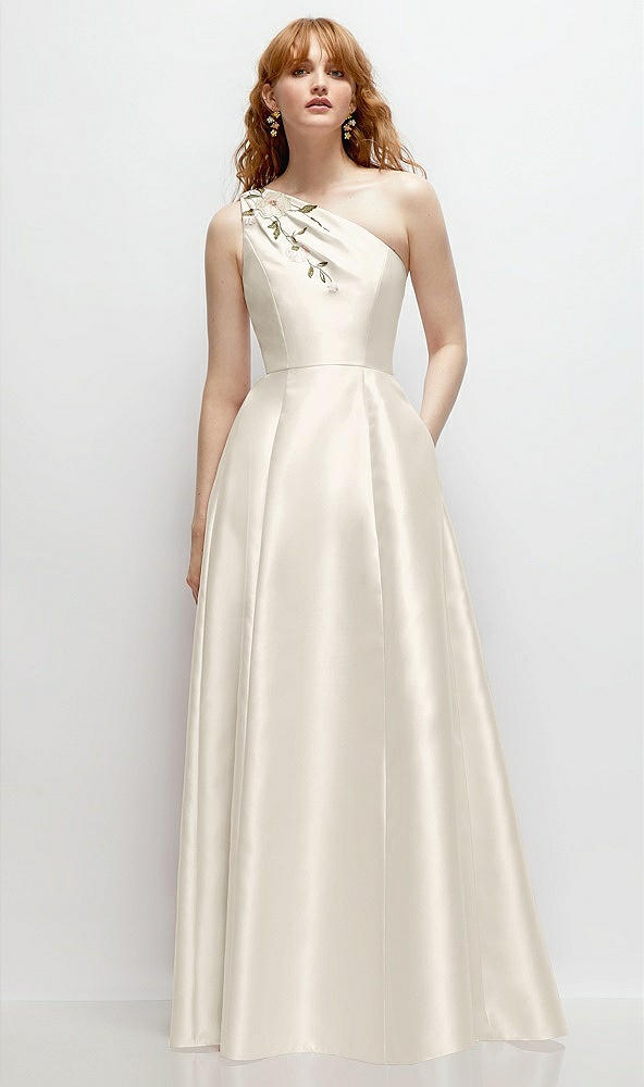 Front View - Ivory One-Shoulder Full A-Line Satin Gown with Handworked Floral Appliqué